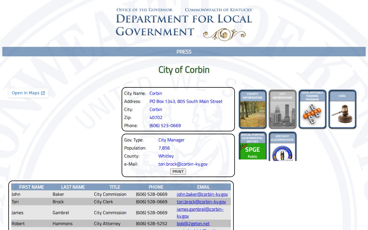 Corbin criminal records and official Police Department contact