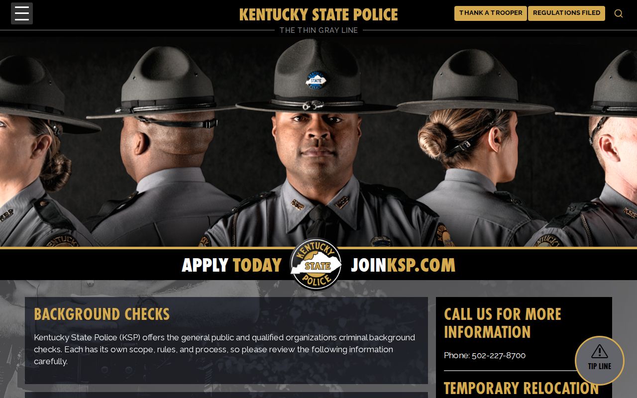 Knox County criminal history options on the Kentucky State Police background checks page